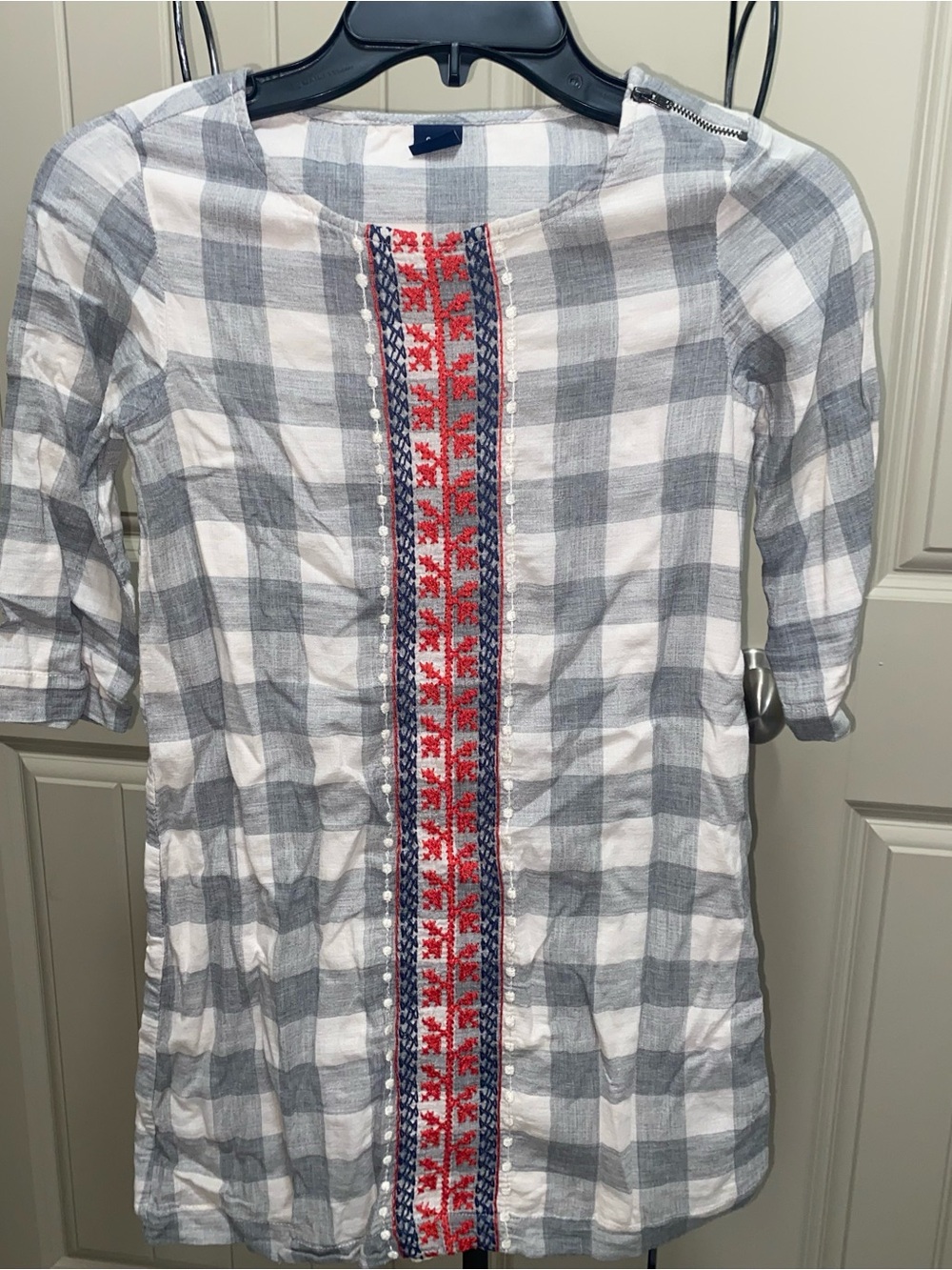 GAP White and Gray Plaid Tunic with Red and Navy Embroidery